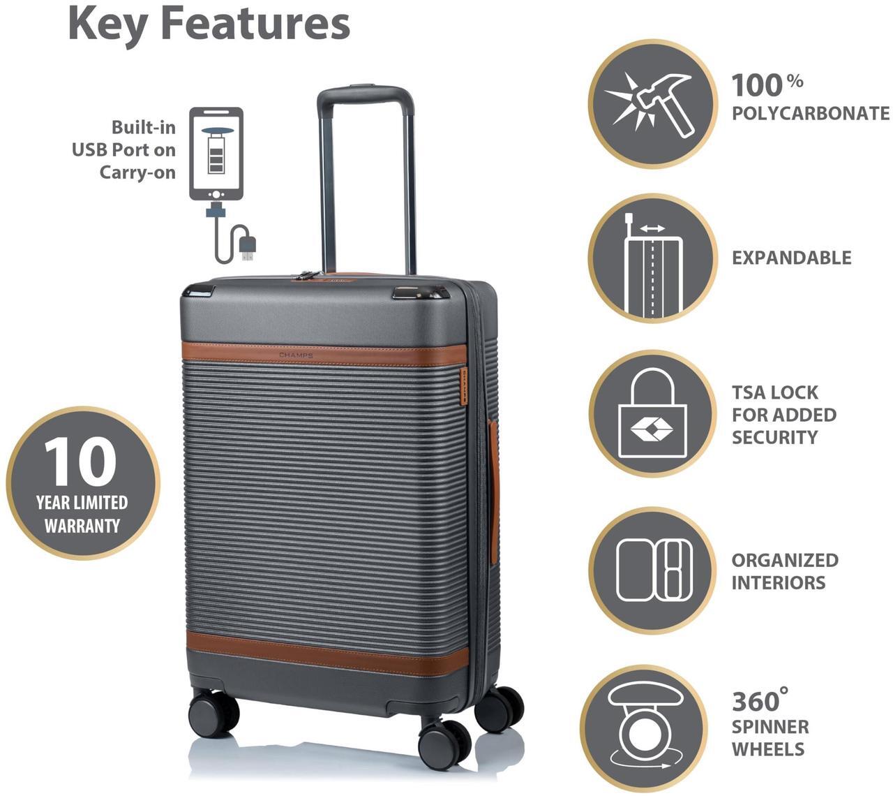 Alt view image 10 of 15 - CHAMPS Vintage III Collection 3-piece Hardside Luggage set Grey S1033GREY