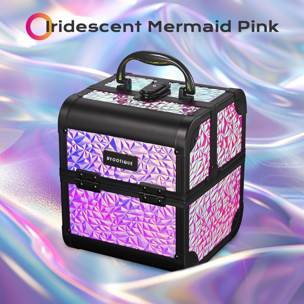 Alt view image 2 of 7 - Byootique Makeup Train Case Cosmetic Organizer w/ Mirror Mermaid Pink Artist