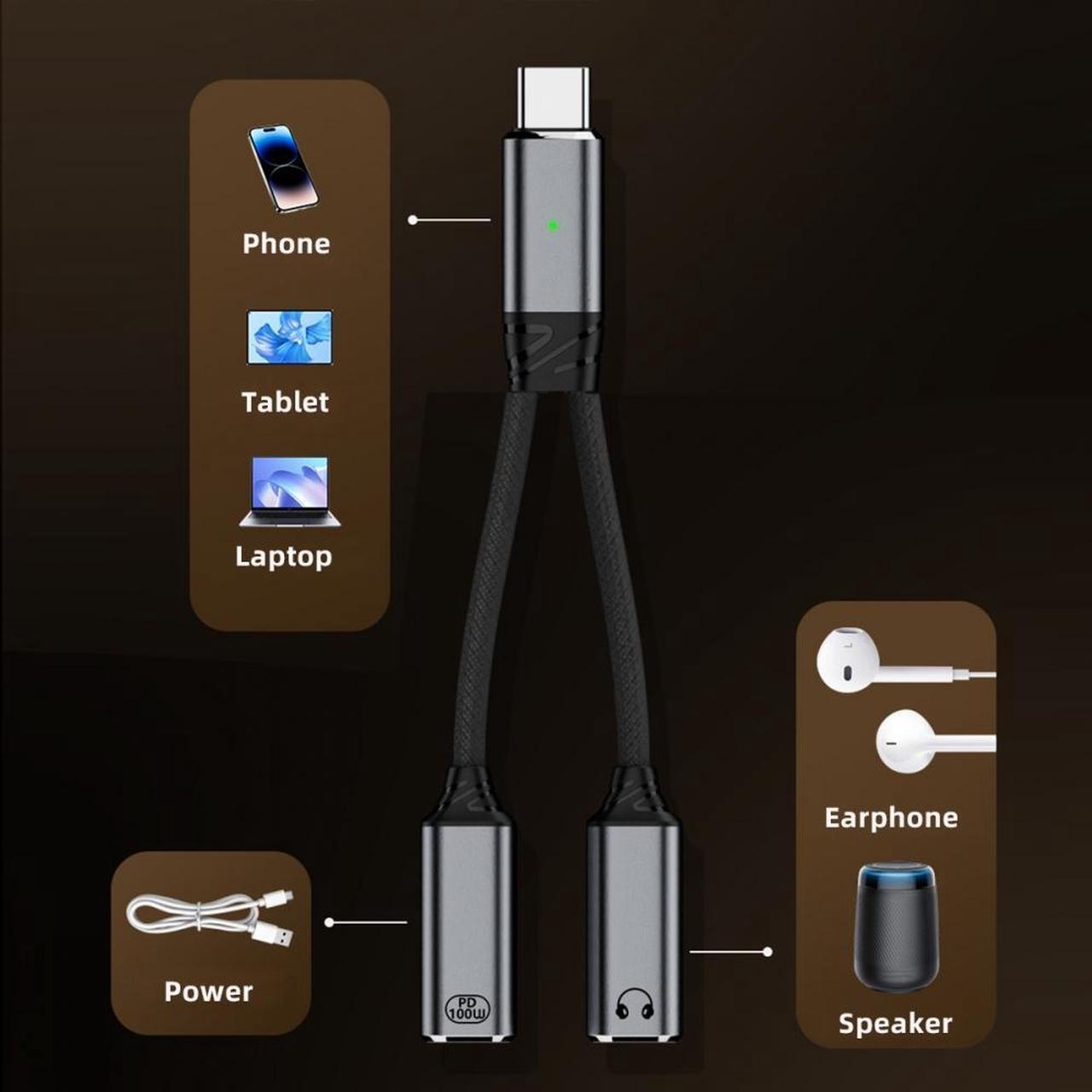 Alt view image 7 of 7 - Cablecc USB-C Type-C Male to 3.5mm Female Audio DAC AUX Music 16bit 48kHz & 100W PD Power Cable for Laptop Tablet Phone