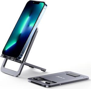 Cell Phone Stand Foldable Aluminum Adjustable Phone Holder for Desk Portable Travel Essentials Office Accessories Compatible with iPhone 16 15 14 13 Pro Max  S24 S23 Ultra Kindle-Gray